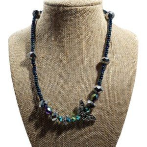 Beautiful Butterfly And Crystal Necklace About 18"